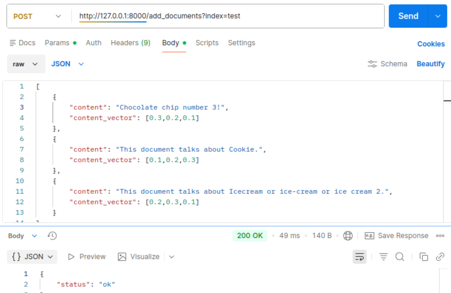 Postman request adding documents to the test index