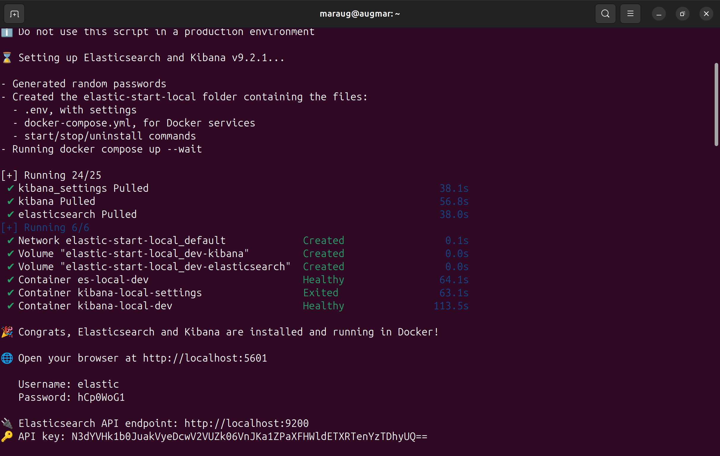 Elasticsearch and Kibana start-local setup output